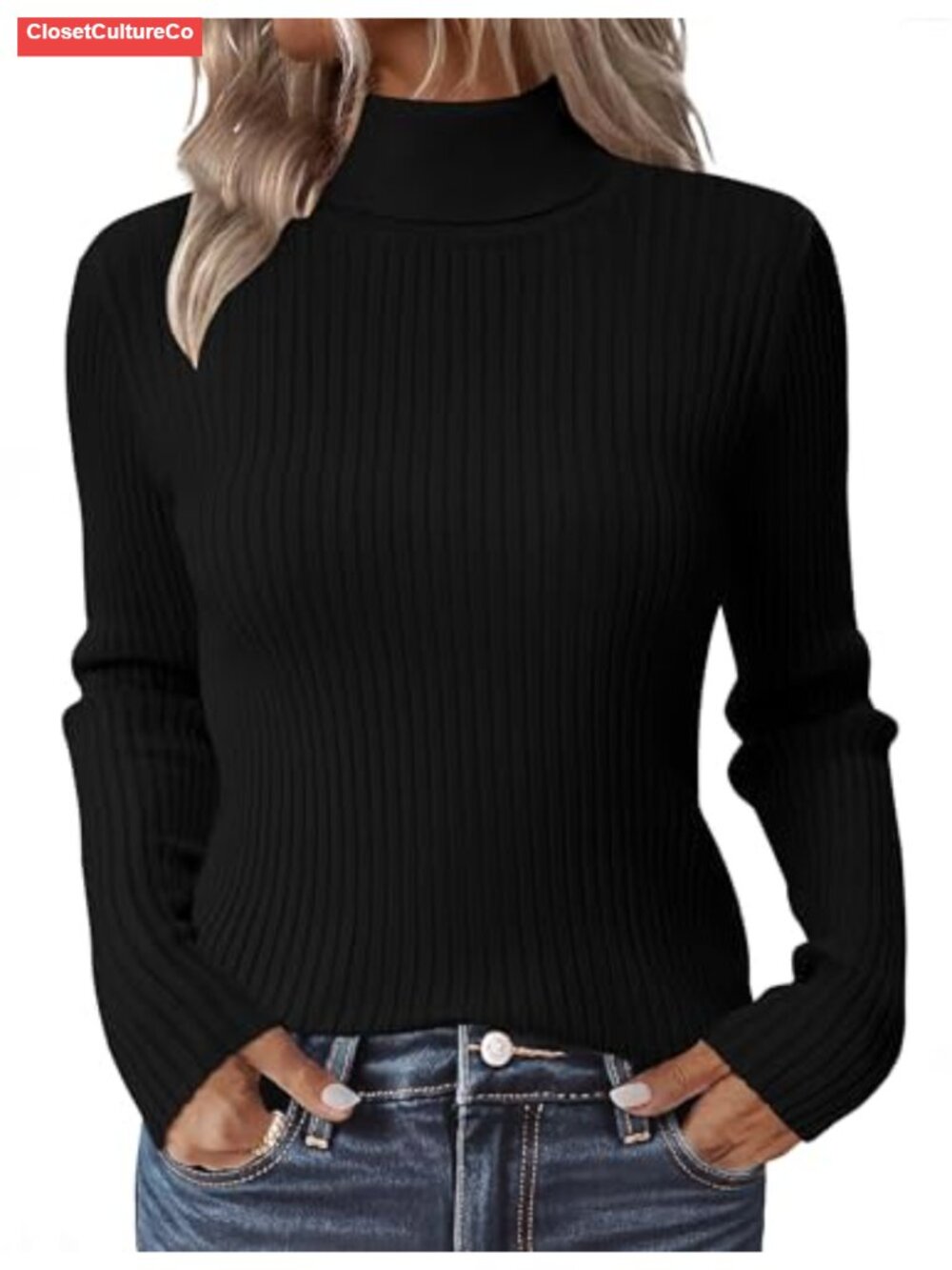 Ribbed Turtleneck Sweater Long Sleeve Slim Fit Pullover Basic Top